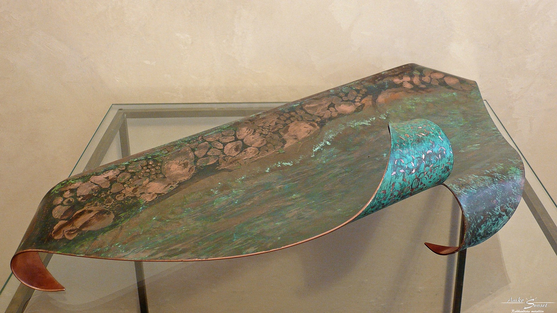 Platter "Rocky waterfront" - 2 mm copper sheet patinated using a special technique, 580x260 mm