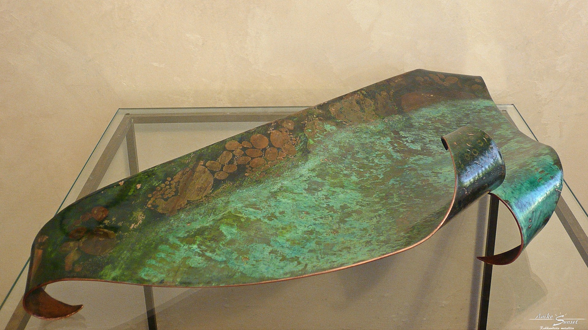 Platter "Waterfront of the trout river" - 2 mm copper sheet patinated using a special technique, 580x260 mm
