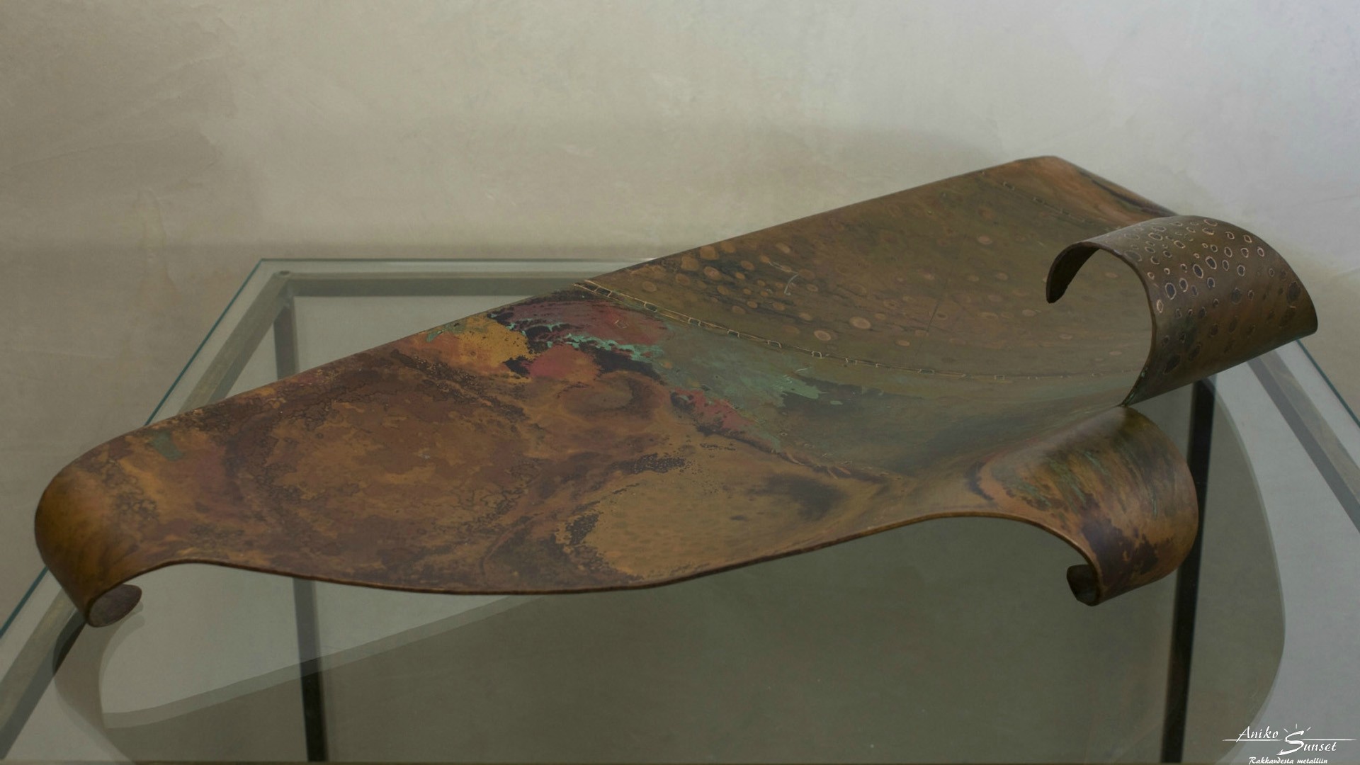 Platter "Ray" - 2 mm copper sheet patinated using heat treatments, 580x260 mm
